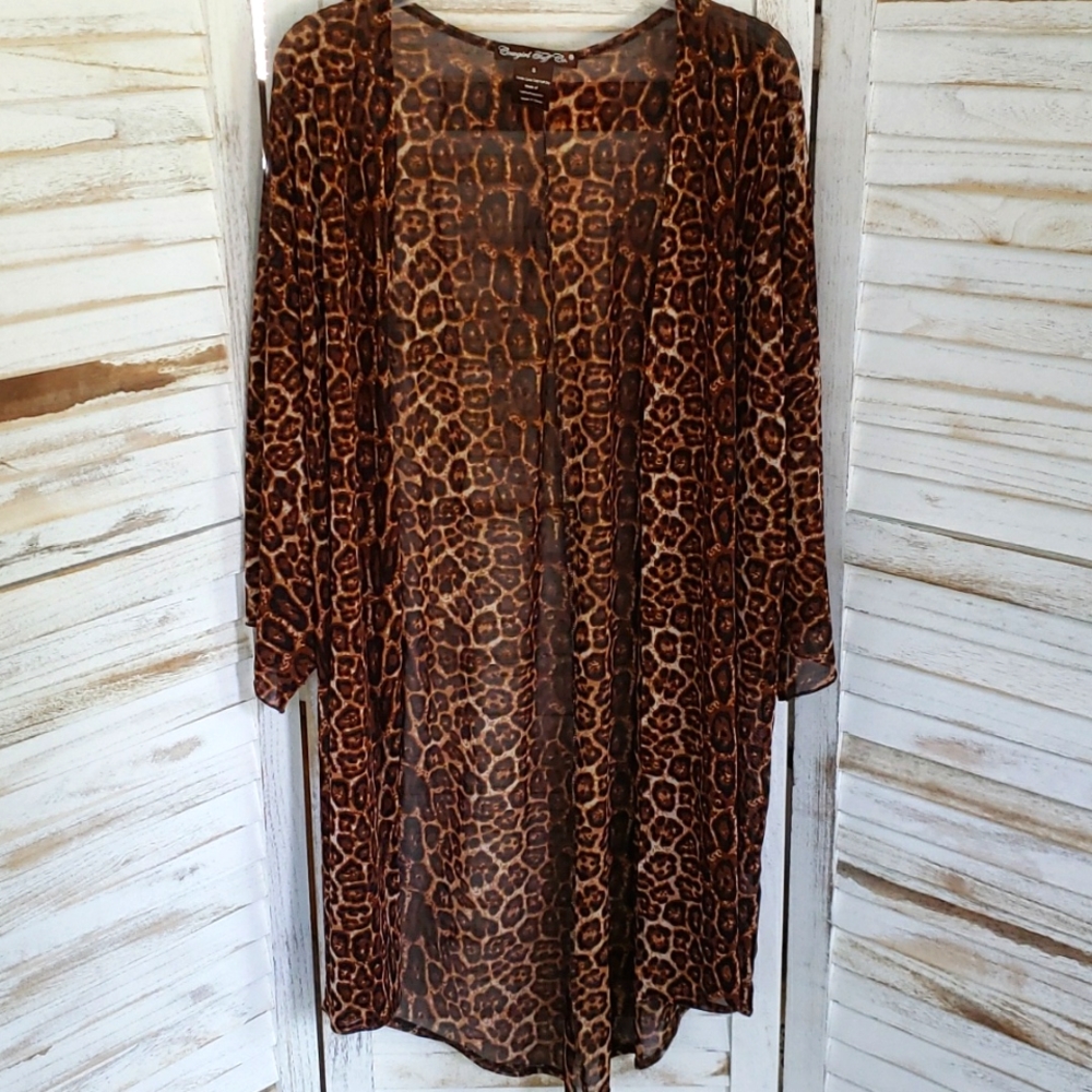 Cowgirl Tuff lightweight short sleeve long leopard print kimono or cover up